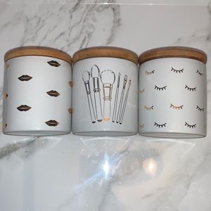 3 Piece White Gold Makeup Canisters w Bamboo Lids